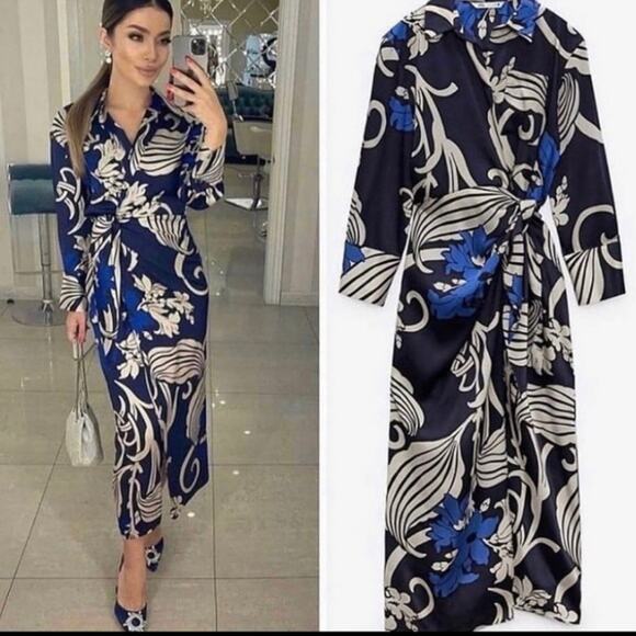 Zara Blue Abstract Satin Long Sleeve Maxi Wrap Dress Size Small - Picture 1 of 8
